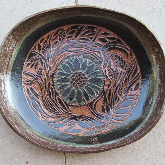 Handmade Rustic Green and Black Sgraffito Floral Pottery Tray Handmade
